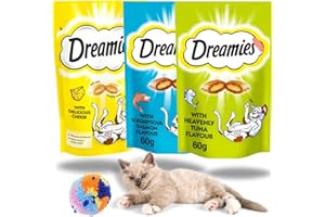 BVO LUXE Dreamies Cat Treats Bundle – Tuna, Salmon & Cheese Flavoured Crunchy Treats (3x 60g) with Fluffy Cat Toy for Interactive Play (Colours May Vary)