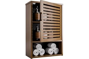 HITNET Pensile Bagno Sospeso, Armadietto Bagno da Parete, Mobiletto Medicinali da Bagno in Bambù, con Porta e Ripiano Regolabile, Noce