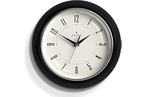 Zegar ścienny Jones Clocks® Round Retro – The Ketchup Round Clock – Łatwe do odczytania liczby, idealny jako zegar kuchenny, zegar biurowy, zegar do salonu. Zegar retro 25cm (Czarny)