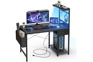 Grandder ​Bureau Gaming LED, 100x50 cm Bureau d'Ordinateur avec Étagères Réversibles, Tiroir de Stockage, Prise Murale Intégrée, Design Moderne pour Maison et Bureau Noir