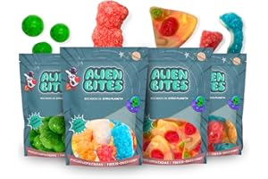 Alien Bites - Pack de 4 Bolsas de 50g de Chuches Liofilizadas - Gominolas Freeze Dried - Chuches para Cumpleaños, Regalos y Snacks - Sin gluten (oso, pizza, eucalipto, tiburón) (P3)