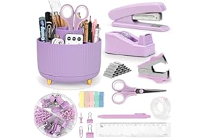 TOP-SPRING Cute Stationery Set, 13 in 1 Office Supplies & Desk Accessories for Women with Stapler & Staples Set, Pencil Holder, Tape Dispenser, Scissors, Clips, Ruler, Gift for Teachers, Students, Girls (Purple)
