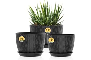 HOMEUOUZ 3 Pack Plastic Plant Pots,30/25/23CM,Large Plant Pots Indoor Flower Pots with Drainage Holes Saucer and Reservoir for All House Plants(Black)