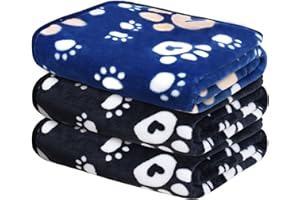 Awaytail 3er-Pack Hunde Decken für Welpen,Flanell Flauschig Katzendecken Hundedecke,Hunde Decken für Sofa,Waschbar Hundedecke Niedlicher Pfotenabdruck,50 x 60 cm, 3er-Pack, 2 Schwarz+1 Blau