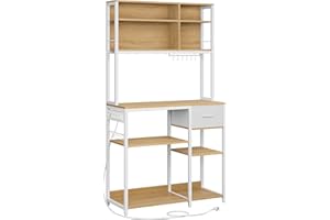 VASAGLE Étagère de Cuisine avec Multiprise, Bar à Café avec Étagères Réglables, Tiroir en Tissu, 12 Crochets, 40 x 100 x 180,4 cm, Support pour Micro-Ondes, Doré Chêne et Blanc Nuage KKS027Y02