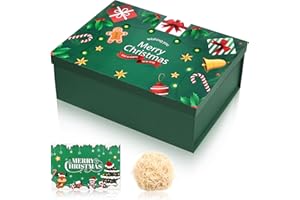 OKABAY Luxury Green Gift Box with Lid, Christmas Greeting Card, Shredded Raffia, Cardboard Packaging Box Featuring Christmas Pattern