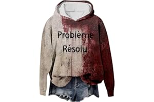 BIKETAFUWY Problème Résolu Sweat a Capuche Femme Sanglant Deguisement Halloween Femme Bloody Horror Pull Hoodie Oversize Blood à Manches Longues Sweats Vampire Déguisement Costume Halloween Sweatshirts Sang
