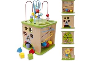 sun baby Motorikwürfel XXL Multifunktions Aktivitätswürfel Perlenlabyrinth Holzspielzeug Montessori Formensortier Formen