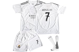 COQOYO Fussball Trikot Kinder Set, Madrid-Heim Nr.7 Fußballtrikot für Jungen und Mädchen von 6-13 Jahren, Atmungsaktives und Schnelltrocknendes Fußball Trainingstrikot mit Kurzarm Shorts Socken, Weiß