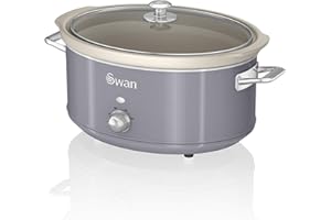 ‎SWAN Swan Retro SF17031GRN Slow Cooker 6.5L Removable Cooking Container, PFOA and PTFE Free Ceramic Non-Stick Container, 3 Temperature Levels, Glass Lid, Vintage Design, Grey, 320W