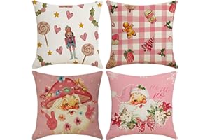 PORUPAEL Świąteczne poszewki na poduszki, zestaw 4 szt., świąteczne poszewki na poduszki, 45 x 45 cm, lniane dekoracyjne poszewki na poduszki, na sofę, do domu, dekoracje świąteczne (różowe, B)