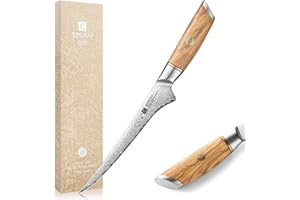 XINZUO 17,8cm Cuchillo de Filete 73 Capas de Acero en Polvo de Damasco, Profesional Cuchillo de Filetear Afilado, Cuchillo para Pescado Cocina Fileteador y para Deshuesar -Mango de Madera de Olivo