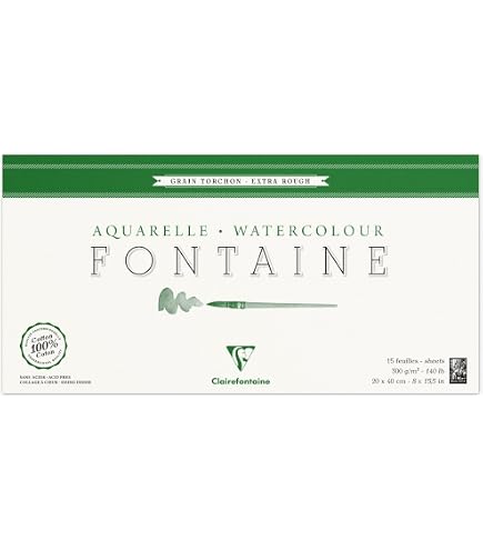 Clairefontaine Fontaine Bloc Aquarelle 300g 100% Coton Grain Nuageux 24x30 Cm - 15 Feuilles Collées 4 Côtés Qualité Pro