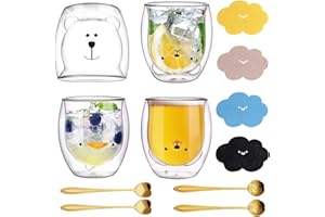 MKITNVY Verres à double paroi - Jolies tasses à café - Verres à thé - Verres à café - Tasse à café avec cuillère et soucoupe - Verres isolants - Tasse à expresso - Ours et chat