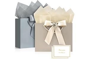 BBLIKE BBILKE Sacchetti Regalo Medie - 2 Sacchettini Borsa Regali Compleanno in Carta con 2 Carte, Buste Regalo Grandi Elegante con Manici per Ragazze San Valentino Festa di Nozze Natale (Grigio Champagne)
