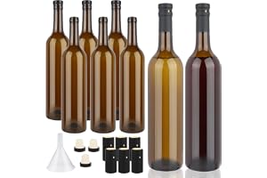 GUANENA 8 Pack 750ml Dark Amber Glass Bottles with Cork Lids and PVC Shrink Capsules, Empty Home Brewing Wine Bottles with Funnel for Sparkling Wine, Juice, Kombucha, Beverages