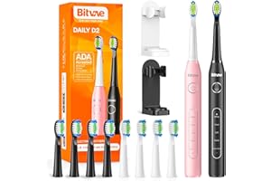 Bitvae D2 - Spazzolino elettrico ad ultrasuoni per adulti e bambini, 8 testine per spazzolino da denti e 5 modalità, sonico, con timer, spazzolini elettrici, nero e rosa