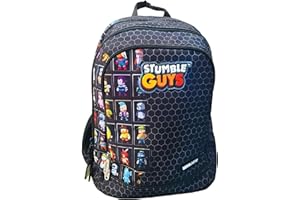 PRESTIGE & DELUXE Zaino Scuola Stumble Guys Nero Tondo 3 scomparti con badge Patch a destra - Tinta Unita Pool Over + 7 Penne cancellabili e portachiave Stumble Guys