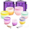 CVNC 440HZ 6"-12" Set of 7 PCS Frosted Quartz Color Crystal Singing Bowl Set Sound Healing Instrument with Singing Bowl Mallet Suede Strikers Heavy Duty Carrying Cases