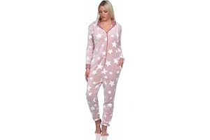 Normann Damen Schlafanzug Jumpsuit Overall in Sterneoptik aus kuschelig warmen Coralfleece