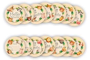 PAMBO Baby Monthly Milestone Signs, Jungle Animals Wooden Discs for Baby Photo Takens with Hello World Signs - 14 Sides Round Circles Cards for documenting Growth