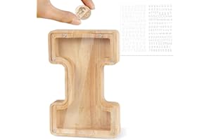 LEcylankEr Tirelire pour Enfants Tirelire Personnalisée avec Lettres de A à Z Tirelire en Bois Transparente avec Lettres Décoration Tirelire Créative Cadeaux pour Anniversaire,Noël,Thanksgiving (I)