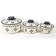 SG Shadowgreen | Ceramic Serving Donga Set | Donga Set With Lid | Dinner/Gravy Bowl | Serving Bowl With Lid | Set Of 3 (750Ml 500Ml 250Ml) | (Grey Jhallar Design)