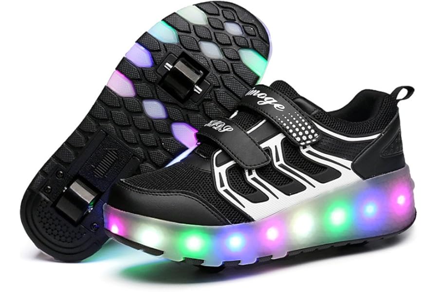 Unisex Kids LED High-top USB Rechargeable Trainer Roller Skates Shoes with Single Double Wheels Retractable Lightweight Outdoor Sports Cross Trainers Gymnastic Running Sneakers for Boys Girls