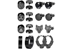 Morfetto 8 pares De Pendientes para Hombre Pendientes Vikingos Pendientes de Aro Huggie Vintage de Acero Inoxidable Pendientes Negros de Lobo para Hombres Joyería Vikinga Nórdica
