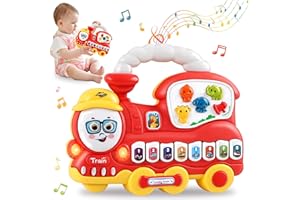 KAYBOLGE Baby Toys 6 to 12 Months Red Train Musical Piano Toys for 1 Year Old Boys Girls Sensory Early Learning Piano Keyboard Light Up Infant Gifts Toy for 6 9 12 18 Months Toddler Kids Christmas Birthday