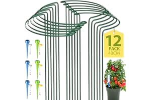 KAZITOO 12 Stück Metall Halbrunde Garten Pflanzenhalter, Metallblumenstützen Ringkäfig-Gartenrand mit 6 Automatisch Bewässerung Set für Topfpflanzen, Tomaten, Rose, Pfingstrose (40cm X 25cm)