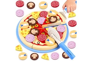 Beberolen Wooden Pizza Play Food Sets, Toy Food for Children Kitchen, Toy Kitchen Accessories for Toddlers, Pretend Role Play Toy Picnic Set, Pizza Cutting Cooking Toy for Kids Boys Girls