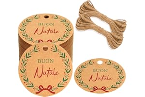 G2PLUS 100PCS Buon Natale Etichette Regalo Kraft 5X5CM Rotonde Con Spago per Confezione Regalo di Natale - Marrone