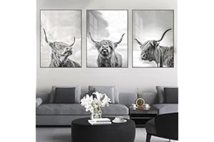 LXTOPN Lot de 3 images sur toile de bœuf des montagnes - Vache des Highlands - Noir et blanc - Lot de 3 peintures pour maison de ferme pour chambre à coucher, sans cadre (noir blanc, 50 x 70 cm)