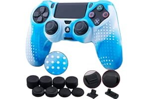 9CDeer 1 Stück von Silikon Besetzt Schutz Ärmel Fall Abdeckung Haut Hülle Cover Skin + 8 Aufsätze Daumengriffe Analoge Kappen + 2 Staubdicht Stecker für PS4/Slim/Pro Controller, weiß Blau