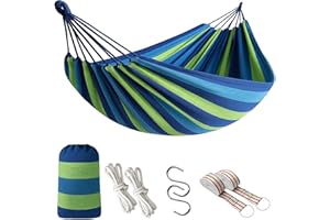 WY8 Outdoor Single/Double Hammock Garden Camping Canvas Hammock Hanging Bed Swing 2 ropes 2 straps and 2 S-shaped hooks 260x80cm (Blue, Single)