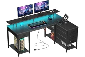 Seventable 120cm L Shaped Desk with LED Lights, USB Ports, Power Outlets, Monitor Stand & Storage Drawers (Reversible Design) – Corner Computer Desk, Gaming Desk for Bedroom or Home Office, Black