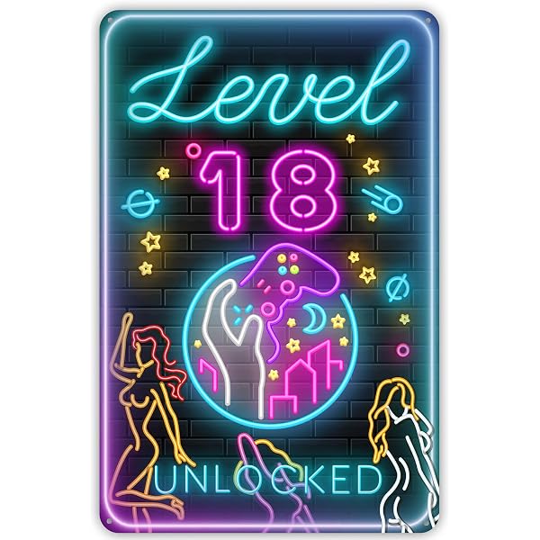 Sinekong Plaque Métal Néon 'Level 18 Unlocked' - Décoration Murale Vintage 20x30cm - Cadeau 18 Ans Original Pour Gamer