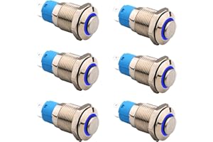 RUNCCI-YUN 6 Pezzi 12-24 V Interruttore Pulsante 12mm,Pulsante Autobloccante in Metallo Impermeabile DIY Pulsante Rotondo ON OFF per Auto Campanello con Luce LED ad Anello Blu (Testa Alta)