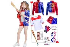 FORFAMY Disfraz de Quinn para Niñas Cosplay Suicide Escuadrón Set - chaqueta, camiseta, pantalones cortos, guantes, bate inflable, para Halloween, Fiesta, Carnaval