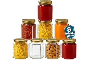OFFER SHOP 190ml / 7 oz Hexagonal Glass Jars with Lid - Pack of 8 Clear Airtight Preserving Glass Jars for Jam, Yogurt, Pickle