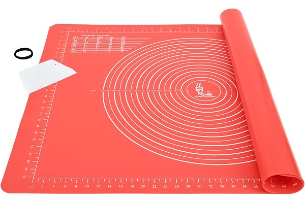 Super Kitchen Tapis de Cuisson Tapis à Pâtisserie en Silicone Antidérapant Extra Large avec Mesures 71×51cm et Grattoir à Pâte, pour Tapis de Pâte à Rouler, Fondant/Tapis de La Croûte à Tarte (Rouge)