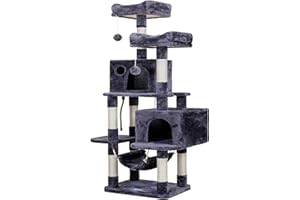 HEY-BROTHER Hey - brother Albero per gatti, Tiragraffi per Gatti,Colonne avvolte in sisalano naturale, Dotato di due nidi per Gatti, due Piattaforme superiori e un'amaca, grigio fumo 0EMPJ020-SG