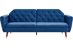 Bravich 'Victoria' 3 Triple Seater Velvet Fabric Sofa Bed- Deep Blue. Click Clack Mechanism Sofa Bed With Gold Accent Legs. Living Room Furniture For Adult Guest Bed. Comfy Living Settee Couch Futon