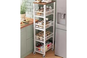 Ornestia Vegetable Rack with Wooden Top,5-tier kitchen Storage Trolley,Vegetable Trolley on Wheels for Kitchen, Pantry, Office (40cm*30cm*107cm -White)