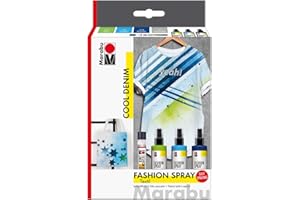 Marabu 1719000000084 - Fashion Spray Cool Denim, pintura en spray para textiles a base de agua, para textiles claros, fácil fijación, lavable hasta 40 °C, 3 x 100 ml de pintura y 25 ml Fashion Liner