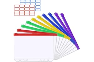 Vicloon A5 Zipper Binder Pockets, 10Pcs Plastic Binder Zipper Folders Loose Leaf Bags with 2 Sheets Removable Label Stickers Money-Saving Cash Envelopes Document Organizer Binder (Multicolor)