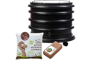 WORMbox | Lombricomposteur 2 Plateaux Noir + 250gr de vers de Compost + 1 Bloc Coco | 32 litres | Compostez Vos déchets organiques, Les vers de Terre/lombrics produisent du lombricompost