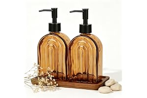 Tvålpump glas Bärnsten 2 stycken 400 ml, disktvåldispenser med träbricka