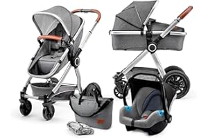 Kinderkraft VEO Poussette 3 en 1, Poussette Combinée, Compacte, Poussette Canne, Landau, Nacelle, Avec un Siège Auto, Avec Accessoires, Adaptateurs , 15kg, Gris